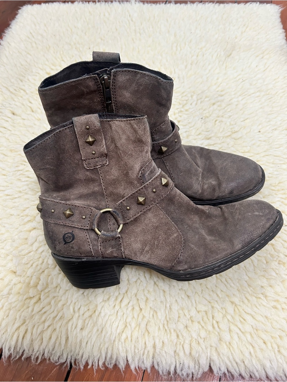Born Gray Suede Studded Ring Ankle Boots